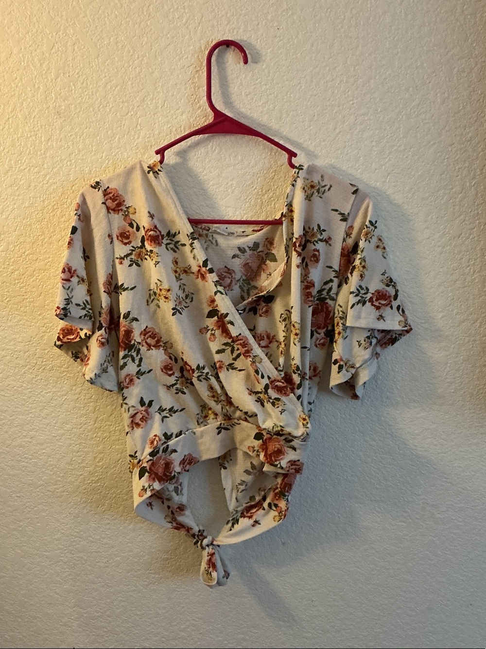 Floral Tie-Front Wrap Blouse - Cream with Rose Print